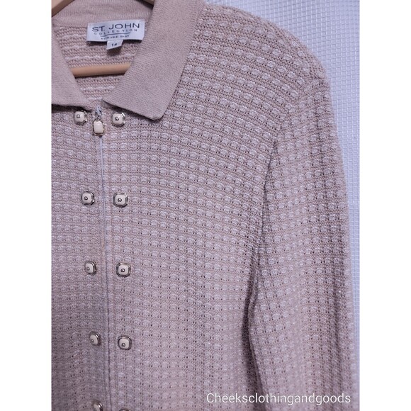 St.John Spring 2025 Slub Knit Textured Beige Cardigan Women's size 14 - Picture 2 of 8
